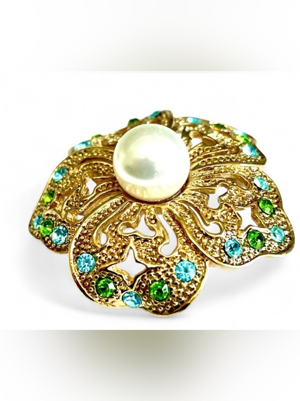 Vintage Gold Tone Floral Brooch Pearl Center Rhinestone Green Blue Flower Pin